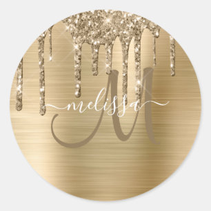 Chic Gold Dripping Glitzer Brushed Metal Monogram Runder Aufkleber
