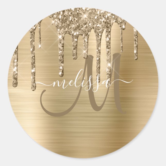 Chic Gold Dripping Glitzer Brushed Metal Monogram Runder Aufkleber (Vorderseite)