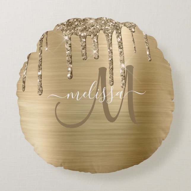Chic Gold Dripping Glitzer Brushed Metal Monogram Rundes Kissen (Vorderseite)