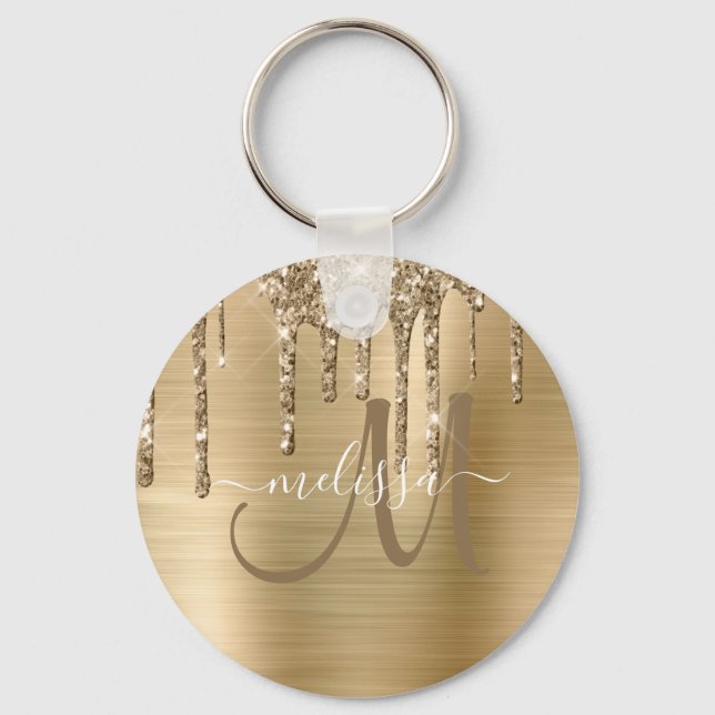 Chic Gold Dripping Glitzer Brushed Metal Monogram Schlüsselanhänger (Vorderseite)