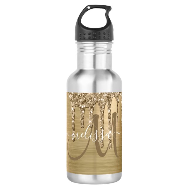 Chic Gold Driving Glitzer Brush Metal Monogram Edelstahlflasche (Vorderseite)