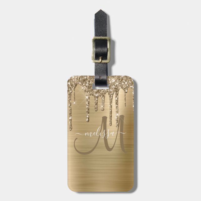 Chic Gold Driving Glitzer Brush Metal Monogram Gepäckanhänger (Vorderseite vertikal)