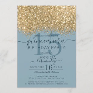 Chic Gold Dusty Blue Glitzer Confetti Quinceañera Einladung