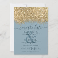 Chic Gold Dusty Blue Glitzer Confetti Wedding