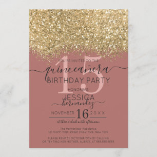 Chic Gold Dusty Rose Glitzer Confetti Quinceañera Einladung