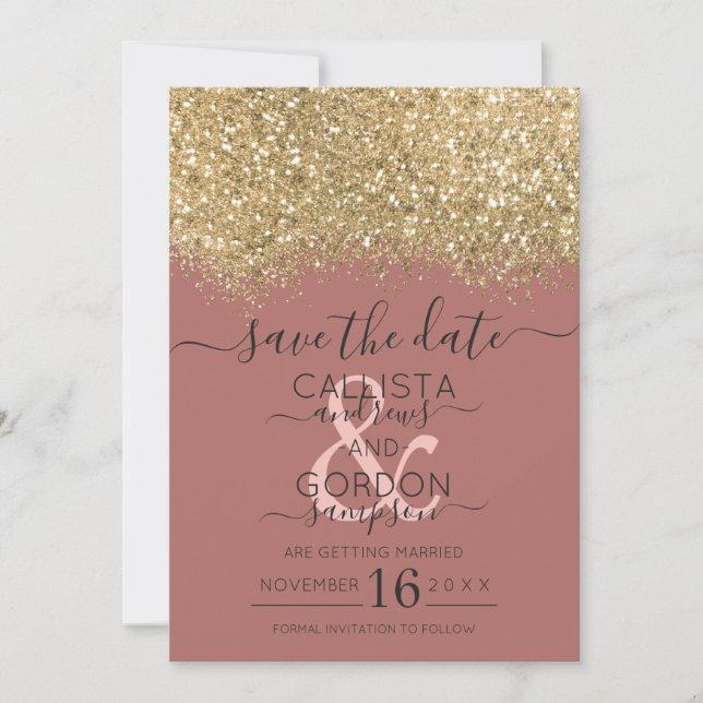 Chic Gold Dusty Rose Glitzer Confetti Wedding Save The Date (Vorderseite)