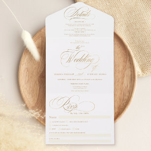 Chic Gold elegante Drehbuch Kalligraphie Hochzeit All In One Einladung