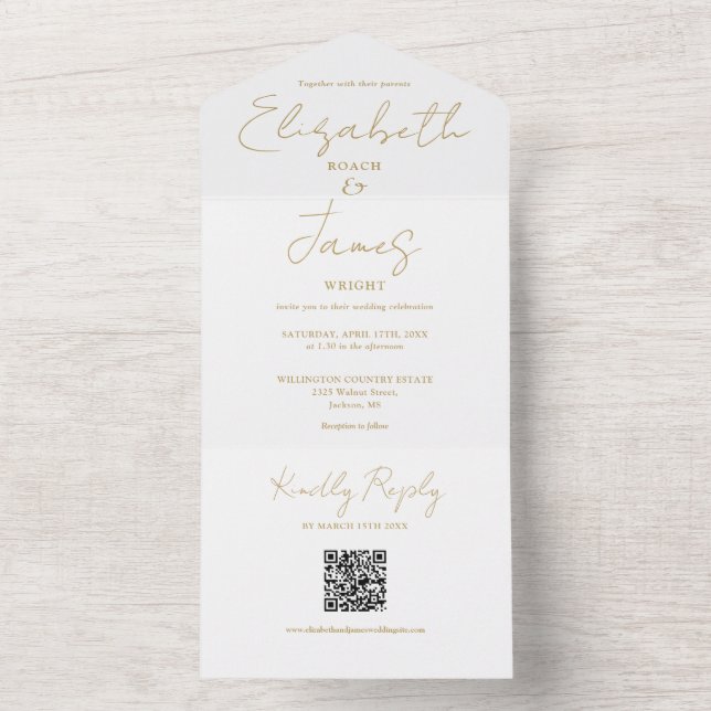 Chic Gold Elegante Script QR Code Hochzeit All In One Einladung (Innen Boden)