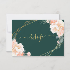 Chic Gold Emerald Green Blush Peach Floral Wedding RSVP Karte
