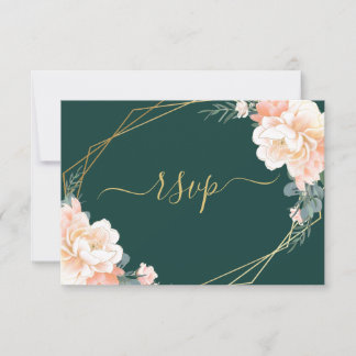 Chic Gold Emerald Green Blush Peach Floral Wedding RSVP Karte