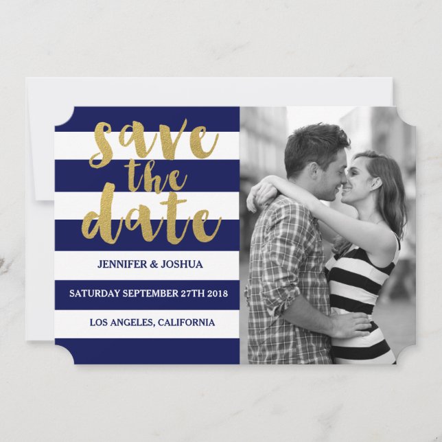 Chic Gold | Fett blaues Streifen-Foto Save the Dat Save The Date (Vorderseite)