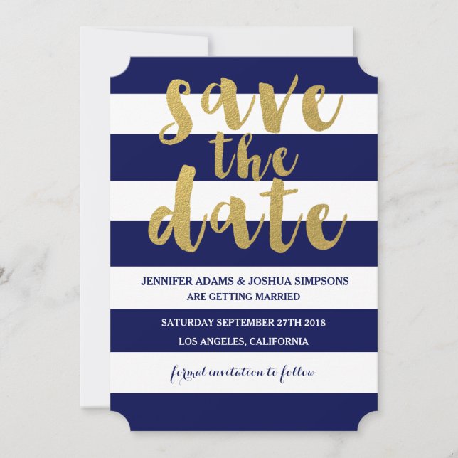 Chic Gold | Fettblauer Streifen Save the Date Einladung (Vorderseite)