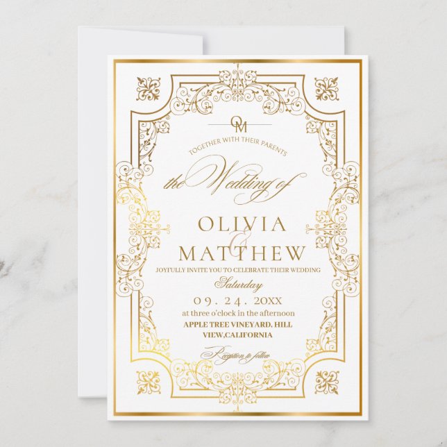 Chic Gold Flora Script Wedding Einladung (Vorderseite)