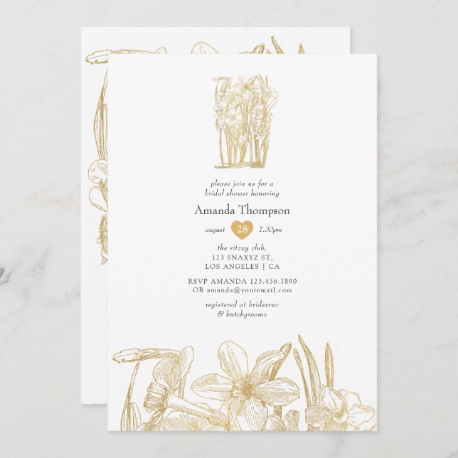 Chic Gold Floral Brautparty Einladung (Vorne/Hinten)