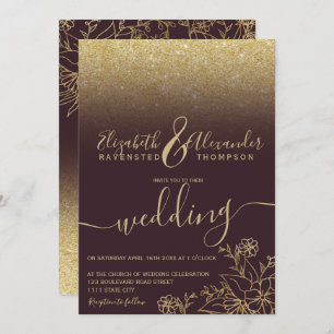 Chic gold floral Glitzer burgundy Drehbuch Hochzei Einladung