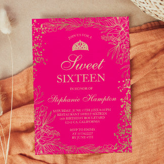 Chic gold floral neon pink Tiara chic Sweet 16 Einladung