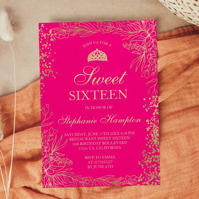 Chic gold floral neon pink Tiara chic Sweet 16 Einladung (Chic gold floral neon pink Tiara chic Sweet 16 Invitation)