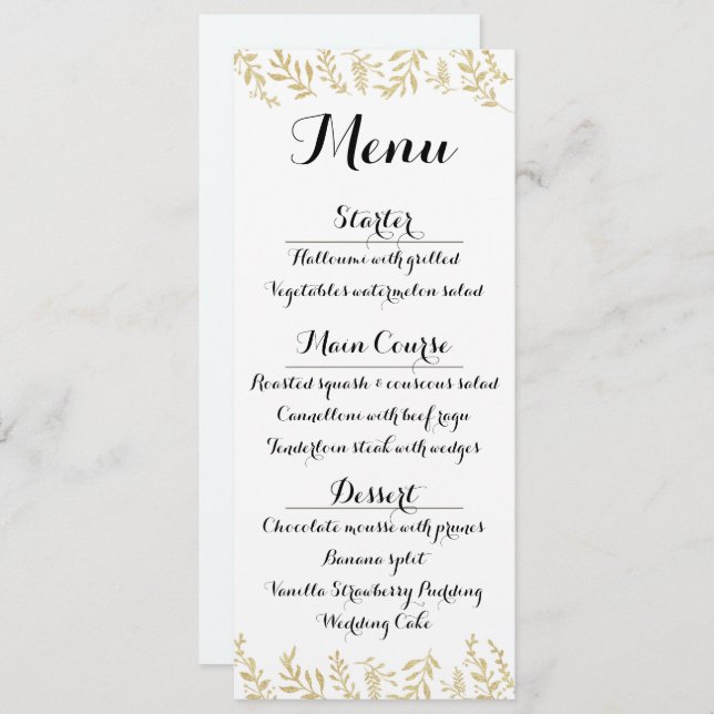 Chic Gold Foil Blätter Empfang Menu Card Einladung (Vorne/Hinten)