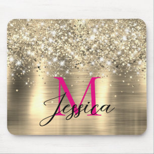 Chic Gold Foil Faux Glitter Hot Pink Monogram Mousepad