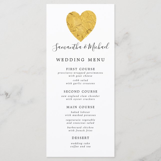 Chic Gold Foil Heart Wedding Menükarte (Vorderseite)