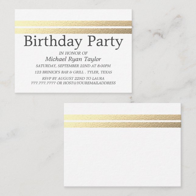 Chic Gold Foil Streifen Geburtstagsparty Ticket (Vorne/Hinten)