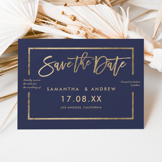 Chic Gold Frame Skript blau Save the Date (Chic gold frame script navy blue save the date)