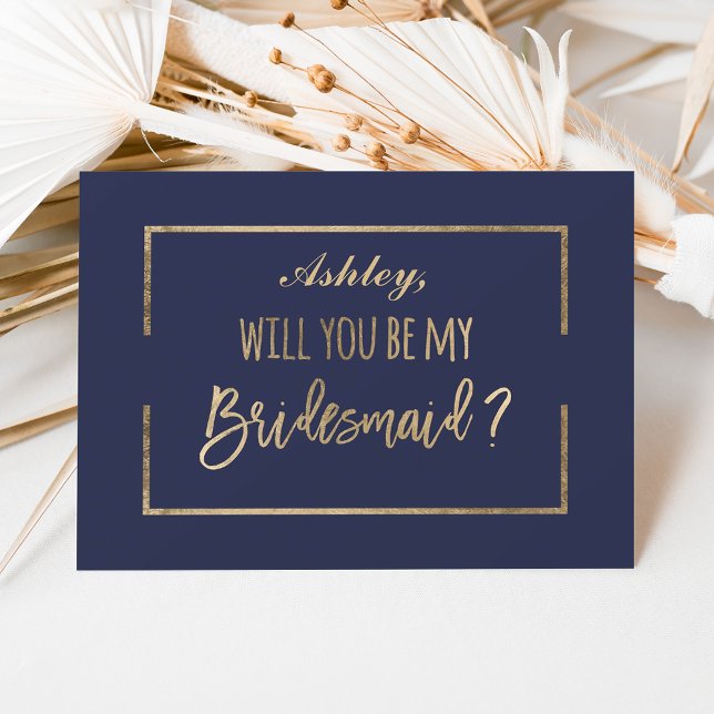 Chic Gold Frame Skript Marine meine Brautjungfrau Einladung (Chic gold frame script navy be my bridesmaid invitation)
