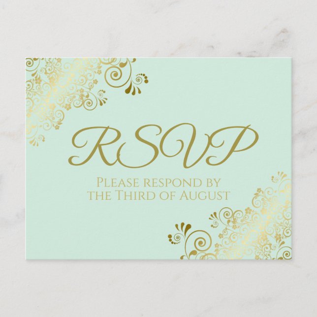 Chic Gold Frills on Neo Mint Green Wedding RSVP Postkarte (Vorderseite)