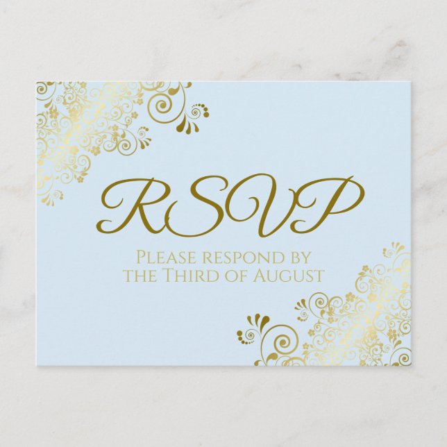 Chic Gold Frills on Powder Blue Wedding RSVP Postkarte (Vorderseite)