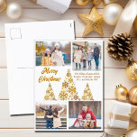 Chic Gold Frohe Weihnachtsbaumen Foto Collage Feiertagspostkarte<br><div class="desc">Eine schicke goldene Weihnachtspostkarte mit Ihrer Foto-Kollektion rund um einen schönen Baum aus goldenen Schneeflocken mit Frohen Weihnachten auf der Vorderseite in kursiv. Auf dieser angesagten Schneeflockkarte können Sie sich mit Ihren 4 Lieblings-Fotos ganz individuell verwöhnen lassen.</div>