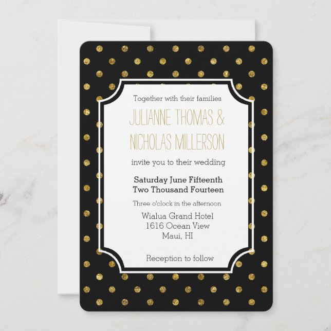 Chic Gold Glam und Black Dots Wedding Einladung (Vorderseite)