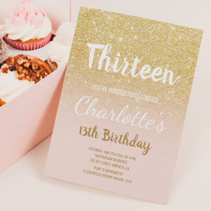 Chic gold glitter ombre script thirteen Birthday Einladung