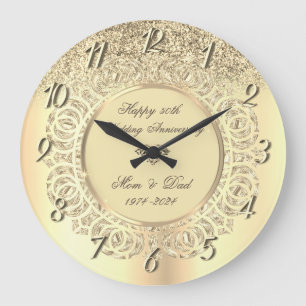 Chic Gold Glitter Swirls 50 Hochzeit Jubiläum Große Wanduhr