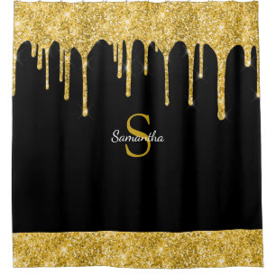 Chic Gold Glitter-Tropf Glanz Schwarzes Monogramm Duschvorhang