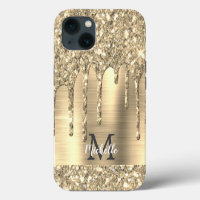 Chic Gold Glitter Tropfen Monogramm Pink Metall
