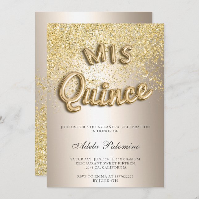 Chic Gold Glitzer Ballons Chic-Folie Quinceañera Einladung (Vorne/Hinten)