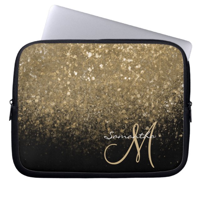 Chic Gold Glitzer & Black Mit Monogramm Laptopschutzhülle (Vorderseite)