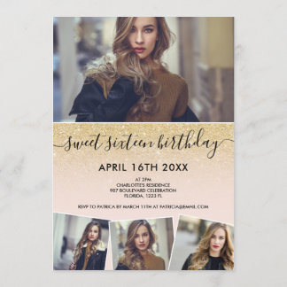 Chic gold Glitzer blush Drehbuch Foto Sweet 16 Einladung