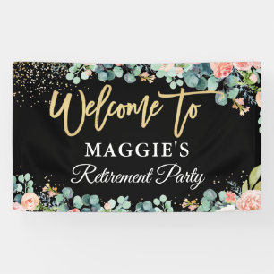 Chic Gold Glitzer Coral Floral Retirement Party Banner