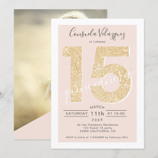 Chic gold Glitzer Drehbuch Blackquinceanera Foto Einladung