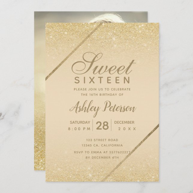 Chic gold Glitzer Drehbuch Elfenbein Foto Sweet 16 Einladung (Vorne/Hinten)