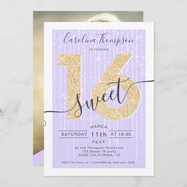 Chic Gold Glitzer Drehbuch Lavendel Sweet 16 Foto Einladung (Vorne/Hinten)