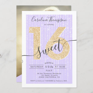 Chic Gold Glitzer Drehbuch Lavendel Sweet 16 Foto Einladung