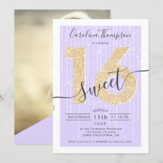 Chic Gold Glitzer Drehbuch Lavendel Sweet 16 Foto Einladung