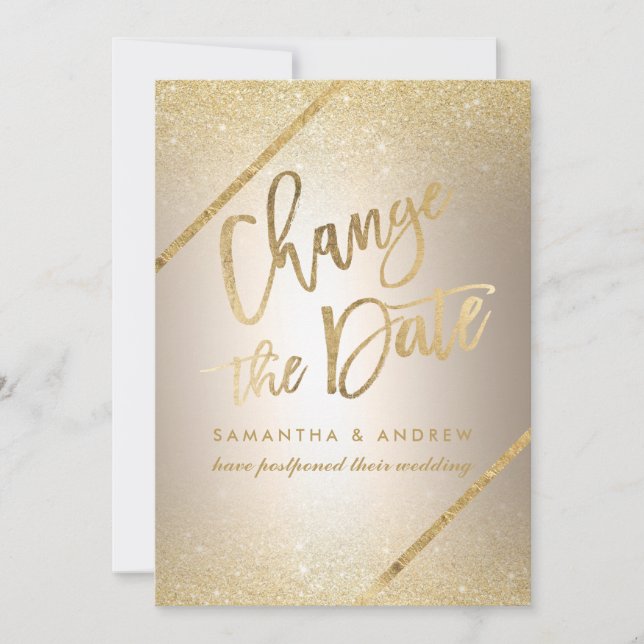 Chic Gold Glitzer Drehbuch metallisch ändern das D Save The Date (Vorderseite)