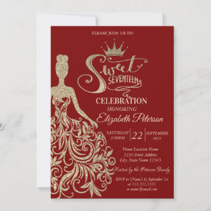 Chic Gold Glitzer Dress, Tiara Red Sweet siebzehn Einladung