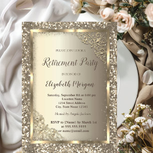 Chic Gold Glitzer Floral Frame Retirement Einladung