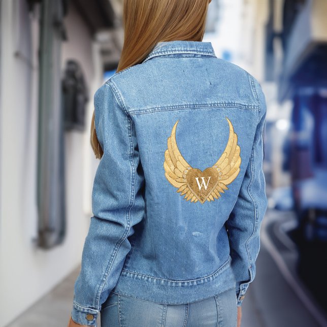Chic Gold Glitzer Gems Custom Monogram Angel Wings Jeansjacke (Chic Gold Glitter Gems Custom Monogram Angel Wings Denim Jacket)