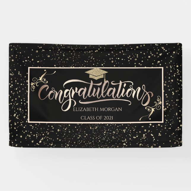Chic Gold Glitzer Graduate Cap, Confetti Black Banner (Horizontal)