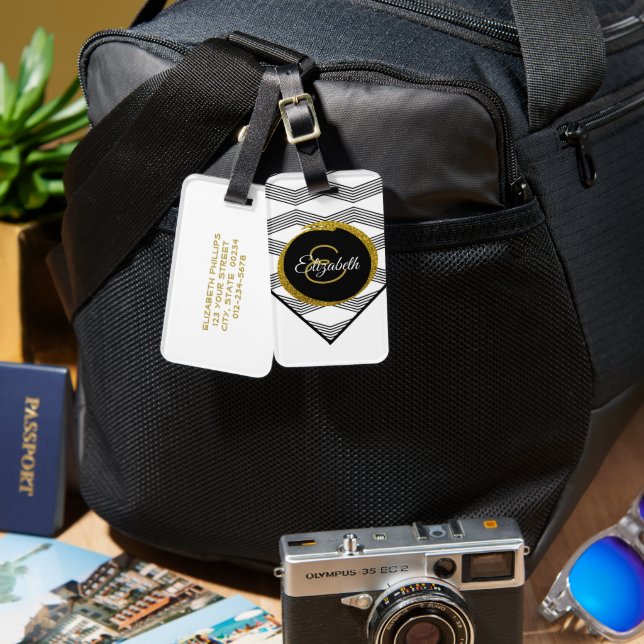 Chic Gold Glitzer Initial Letter Monogram Gepäckanhänger (Vorderseite & Rückseite)